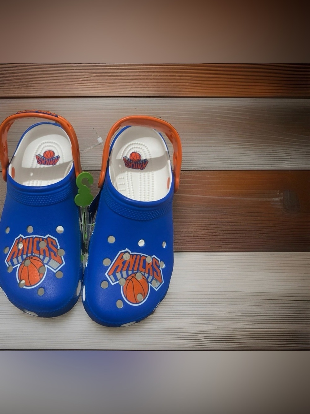 CROCS Blue Clog Sandals with Orange Heel Strap - Knicks Logo size 8